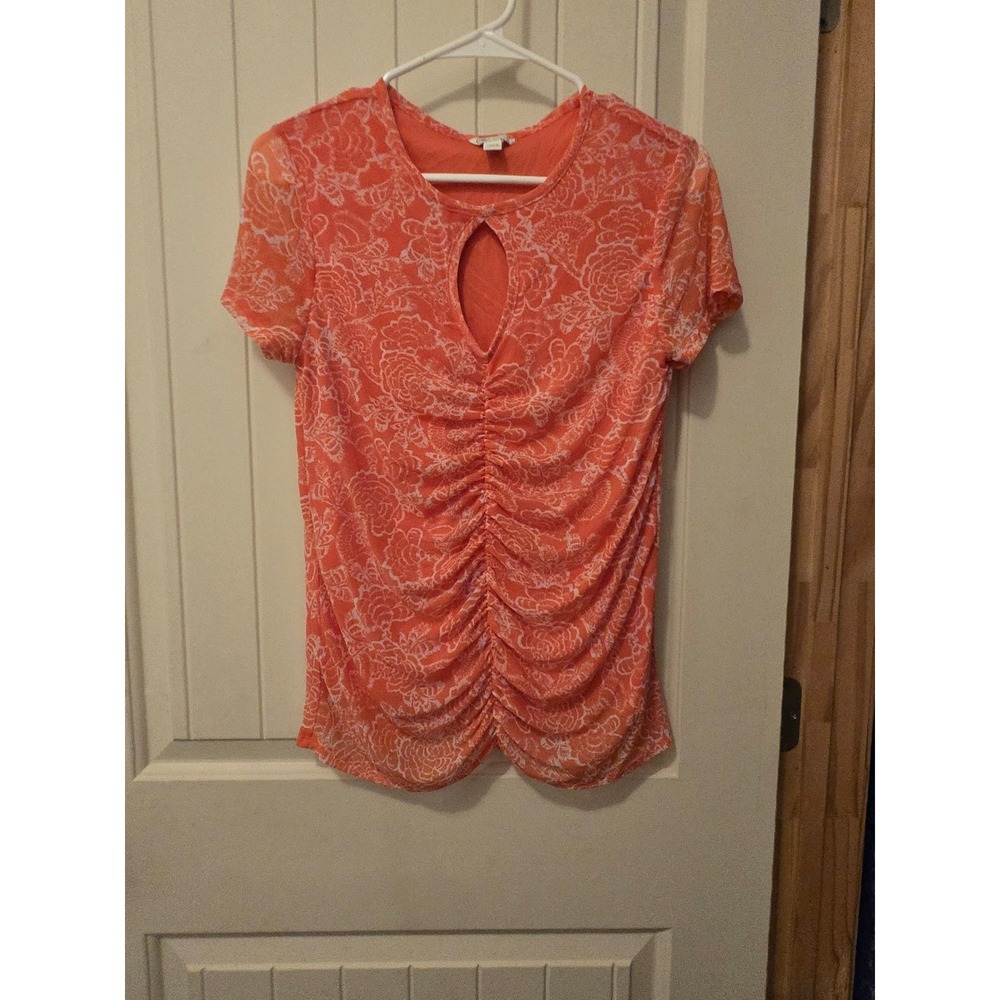 Cato Coral Orange Floral Mesh Ruched Keyhole Top Size Small